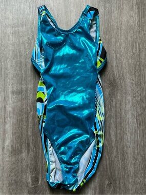 Child Medium CM Apha Factor Ariels Shimmer Aqua Blue Gymnastics Leotard